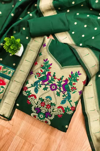 Bottle green soft silk blend silk pure zari woven dress material