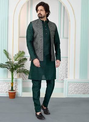Green jacquard 3 peice kurta jacket set for men 1