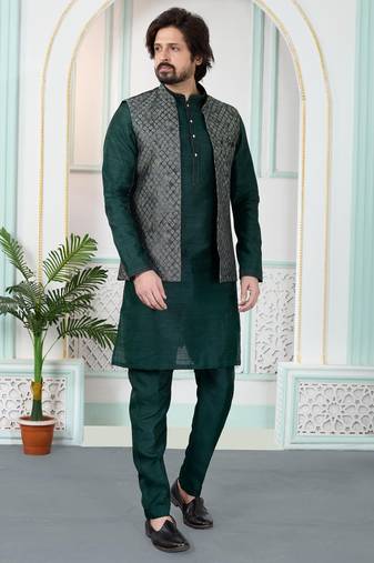 Green jacquard 3 peice kurta jacket set for men