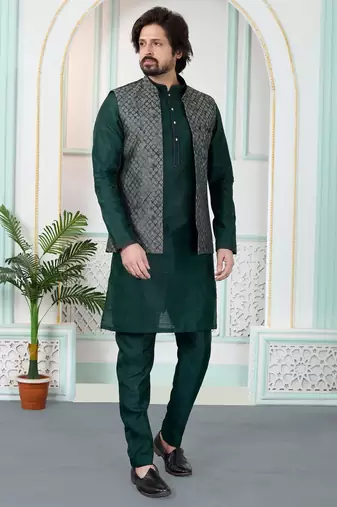 Green jacquard 3 peice kurta jacket set for men