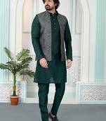 Green jacquard 3 peice kurta jacket set for men