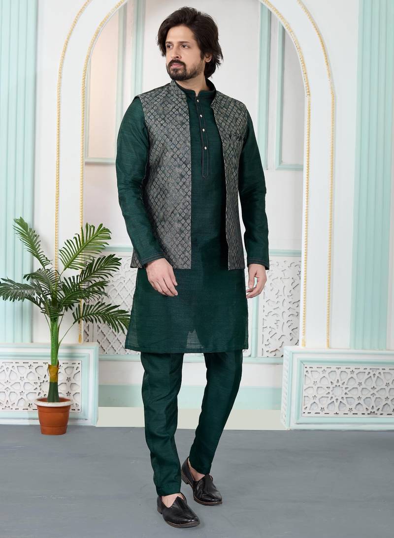 Green jacquard 3 peice kurta jacket set for men
