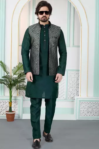 Green jacquard 3 peice kurta jacket set for men