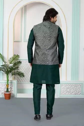 Green jacquard 3 peice kurta jacket set for men