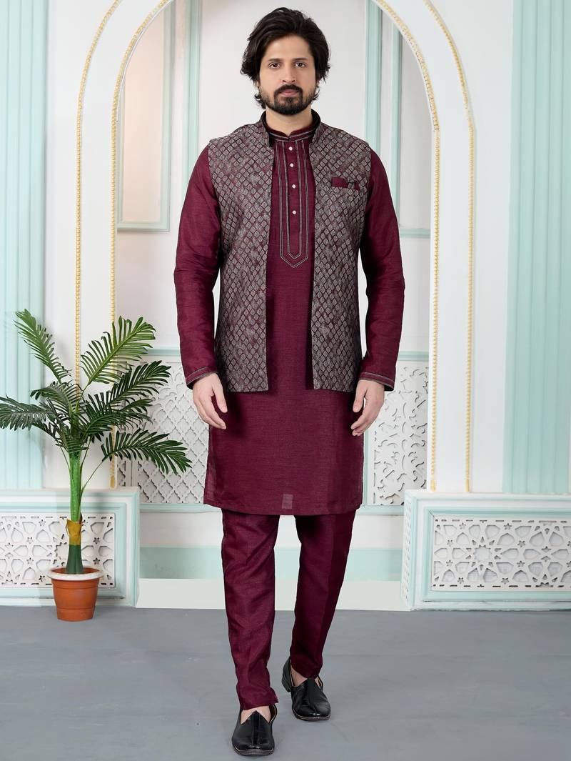 Maroon jacquard 3 peice kurta jacket set for men