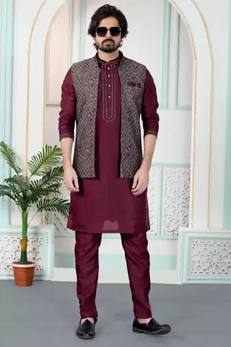 Maroon jacquard 3 peice kurta jacket set for men