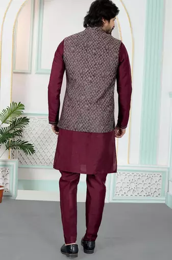 Maroon jacquard 3 peice kurta jacket set for men