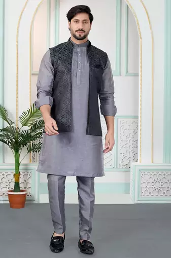 Grey jacquard 3 peice kurta jacket set for men