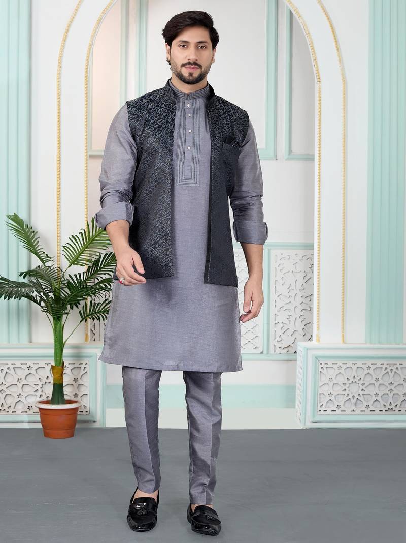 Grey jacquard 3 peice kurta jacket set for men