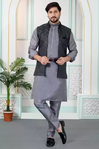 Grey jacquard 3 peice kurta jacket set for men