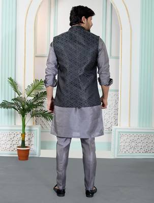Grey jacquard 3 peice kurta jacket set for men 3