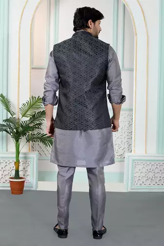 Grey jacquard 3 peice kurta jacket set for men
