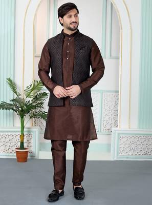 Brown jacquard 3 peice kurta jacket set for men 1