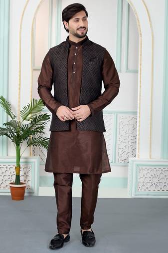 Brown jacquard 3 peice kurta jacket set for men