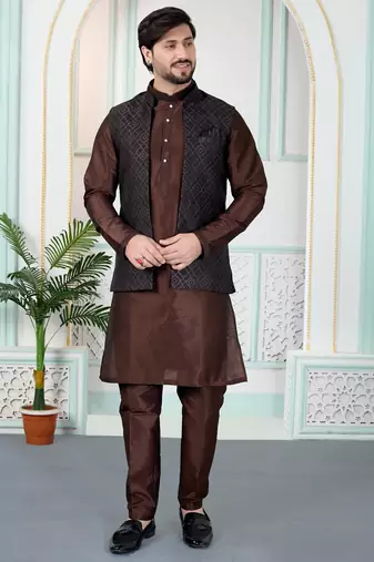 Brown jacquard 3 peice kurta jacket set for men