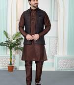 Brown jacquard 3 peice kurta jacket set for men