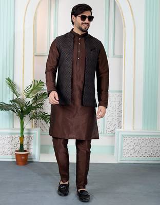 Brown jacquard 3 peice kurta jacket set for men 2