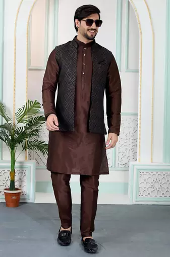 Brown jacquard 3 peice kurta jacket set for men