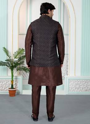 Brown jacquard 3 peice kurta jacket set for men 3