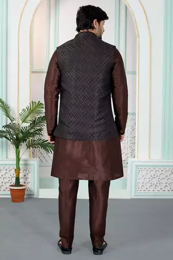 Brown jacquard 3 peice kurta jacket set for men