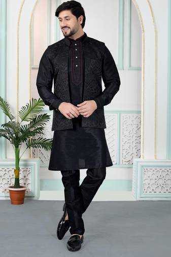 Black jacquard 3 peice kurta jacket set for men