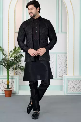 Black jacquard 3 peice kurta jacket set for men