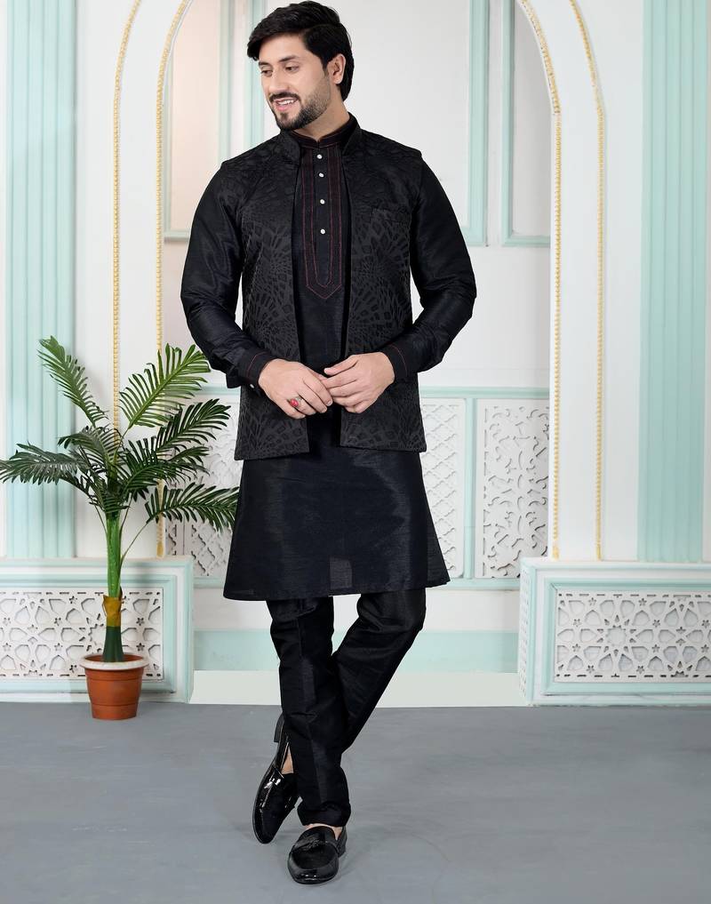 Black jacquard 3 peice kurta jacket set for men