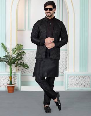 Black jacquard 3 peice kurta jacket set for men 2