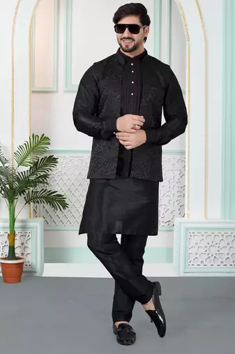Black jacquard 3 peice kurta jacket set for men