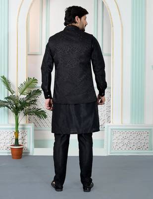 Black jacquard 3 peice kurta jacket set for men 3