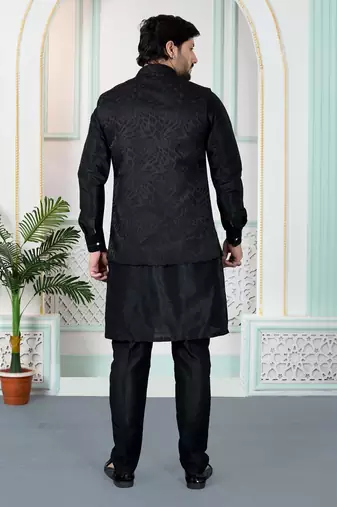 Black jacquard 3 peice kurta jacket set for men