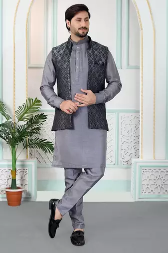 Grey jacquard 3 peice kurta jacket set for men