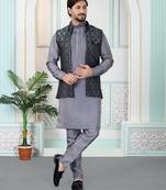 Grey jacquard 3 peice kurta jacket set for men