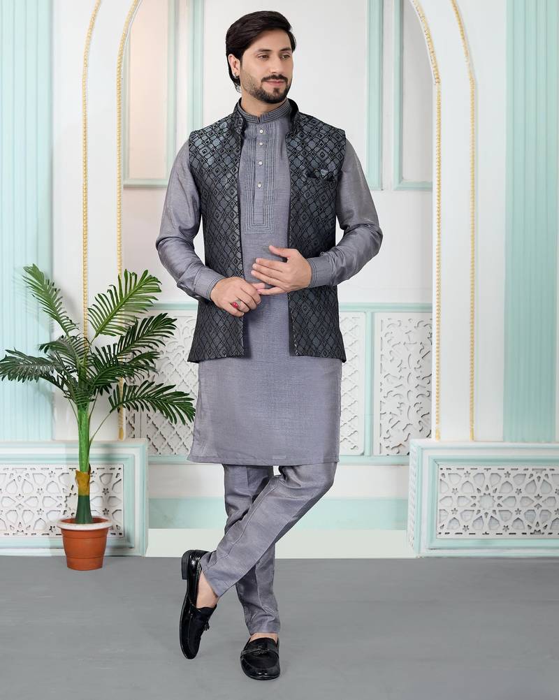 Grey jacquard 3 peice kurta jacket set for men