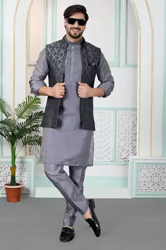 Grey jacquard 3 peice kurta jacket set for men