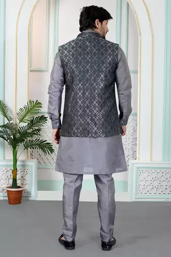 Grey jacquard 3 peice kurta jacket set for men