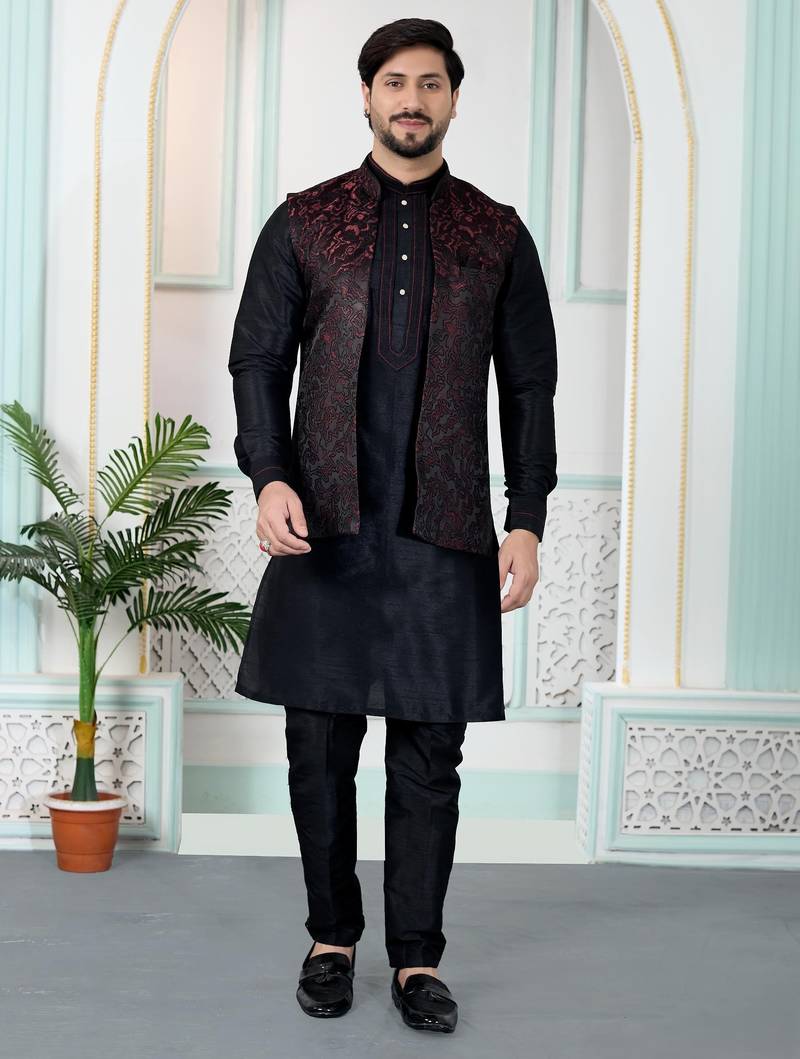 Maroon jacquard 3 peice kurta jacket set for men