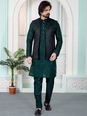 Green jacquard 3 peice kurta jacket set for men 1