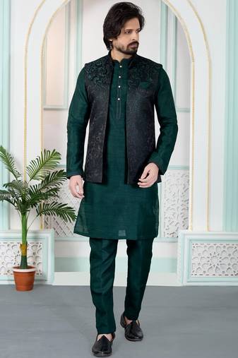 Green jacquard 3 peice kurta jacket set for men