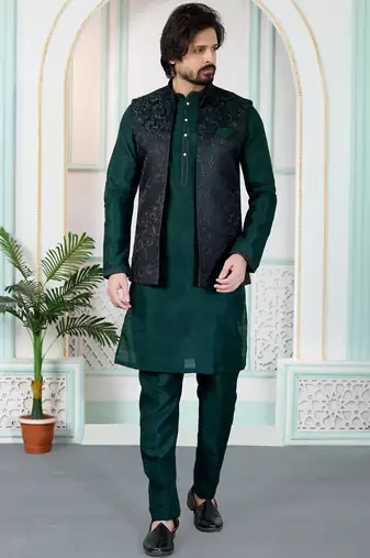 Green jacquard 3 peice kurta jacket set for men