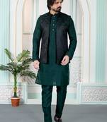 Green jacquard 3 peice kurta jacket set for men