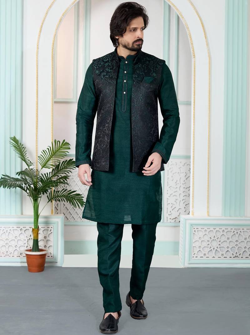 Green jacquard 3 peice kurta jacket set for men