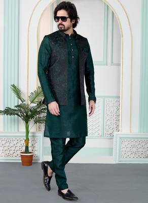 Green jacquard 3 peice kurta jacket set for men 2