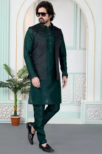 Green jacquard 3 peice kurta jacket set for men