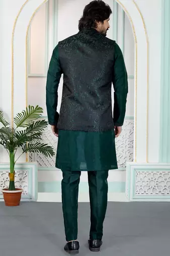 Green jacquard 3 peice kurta jacket set for men