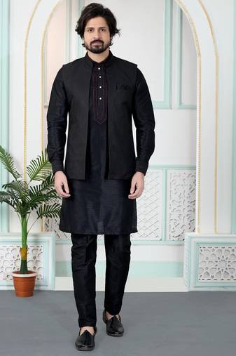 Black jacquard 3 peice kurta jacket set for men
