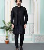 Black jacquard 3 peice kurta jacket set for men