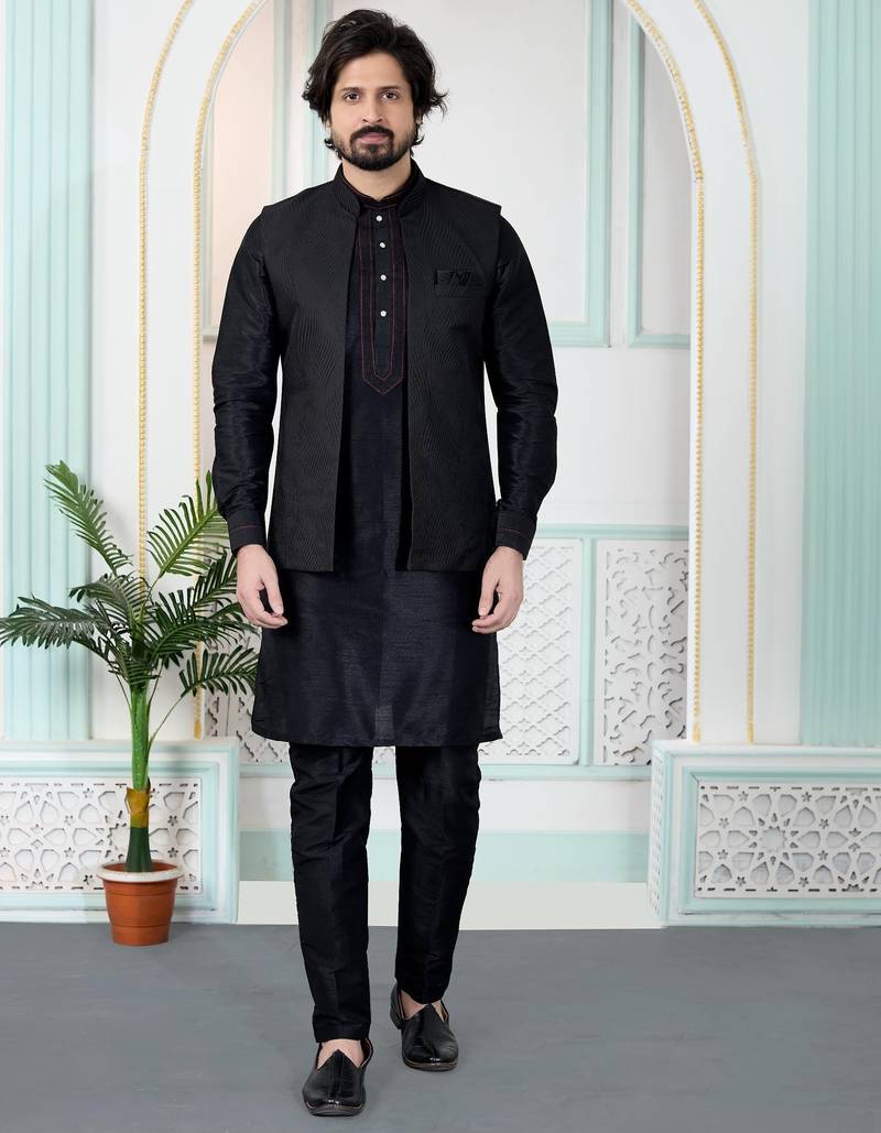 Black jacquard 3 peice kurta jacket set for men