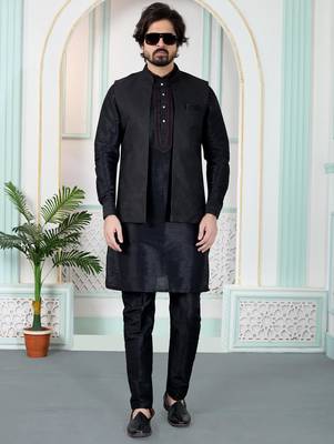 Black jacquard 3 peice kurta jacket set for men 2