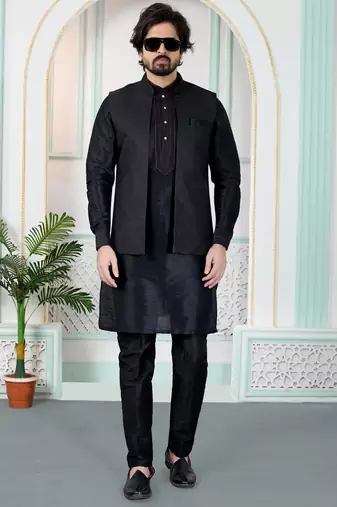 Black jacquard 3 peice kurta jacket set for men